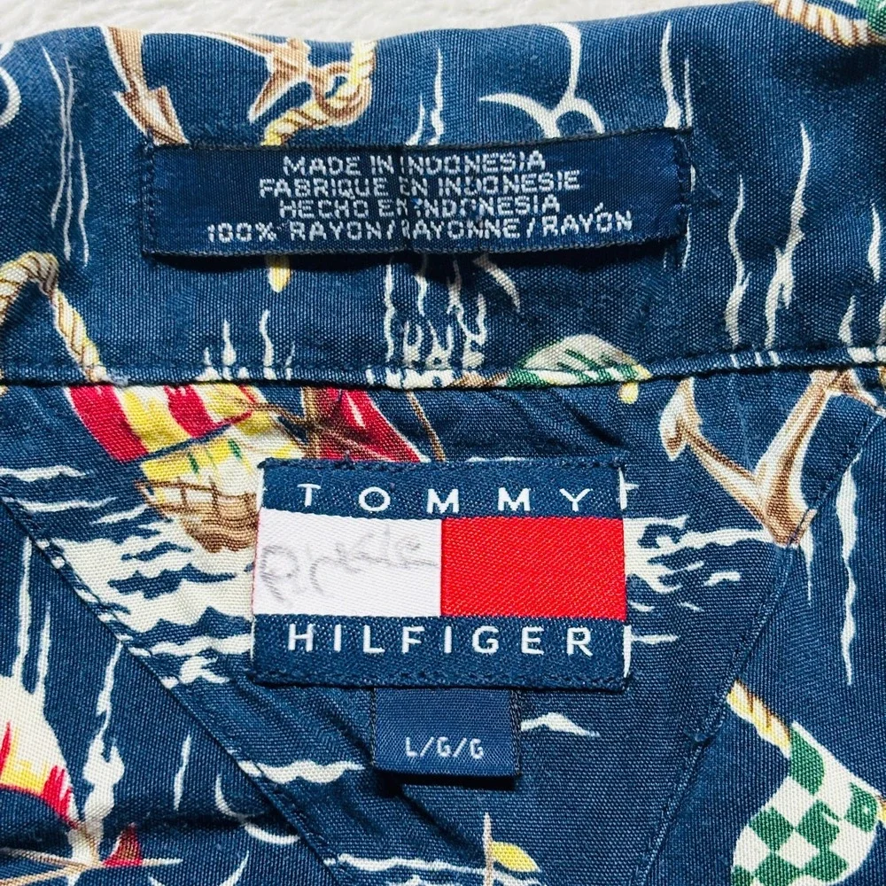 VTG Tommy Hilfiger Camp‎ Shirt 100% Rayon Loop Collar Sailing Nautical Mens L